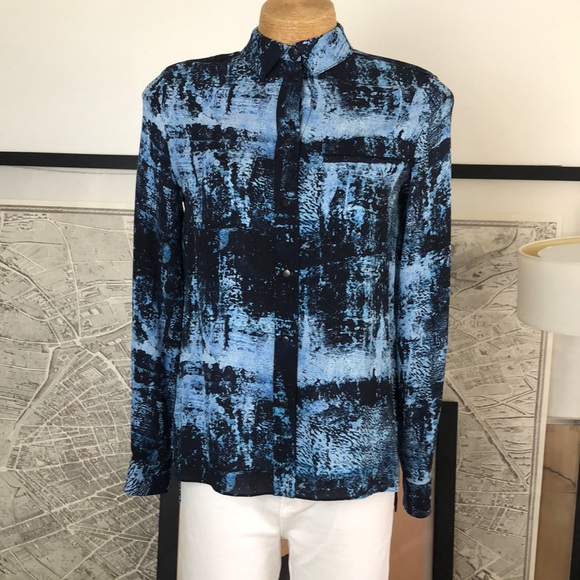 PROEZA SCHOLDER Silk Blue and Black Abstract Long Sleeve Shirt Size 2
